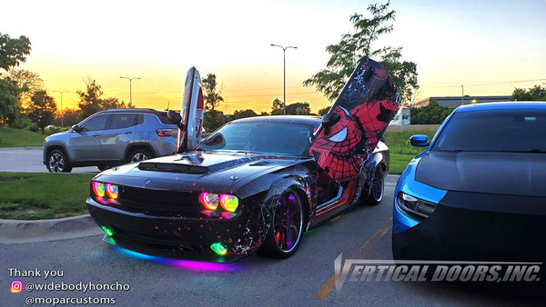 Check out Chad's @widebodyhoncho Dodge Challenger from Chicago featuring Vertical Doors, Inc., Vertical Lambo Doors Conversion Kits.
