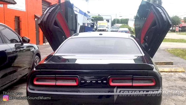 Check out Pro Auto Sound Miami Dodge Challenger featuring Verical Doors, Inc. vertical lambo door conversion kit.