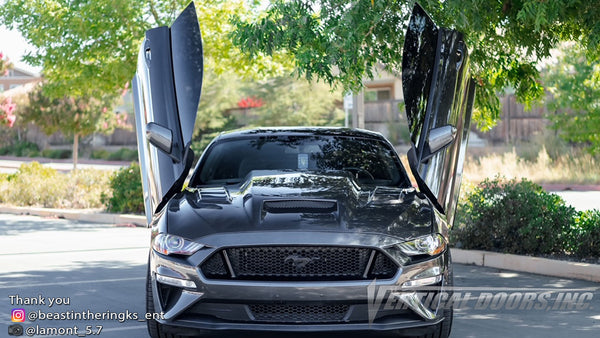 Check out @beastintheringks_ent Ford Mustang from California featuring Vertical Door conversion kit by Vertical Doors, Inc. AKA "Lambo Doors"