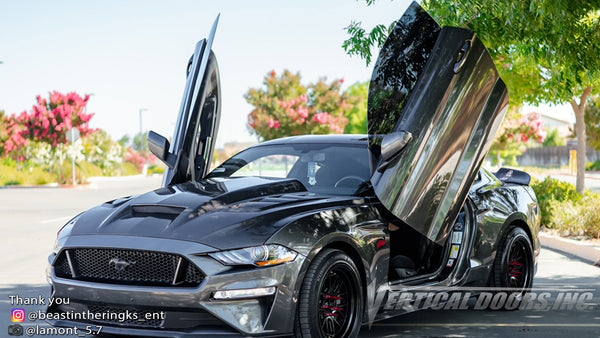 Check out @beastintheringks_ent Ford Mustang from California featuring Vertical Door conversion kit by Vertical Doors, Inc. AKA "Lambo Doors"
