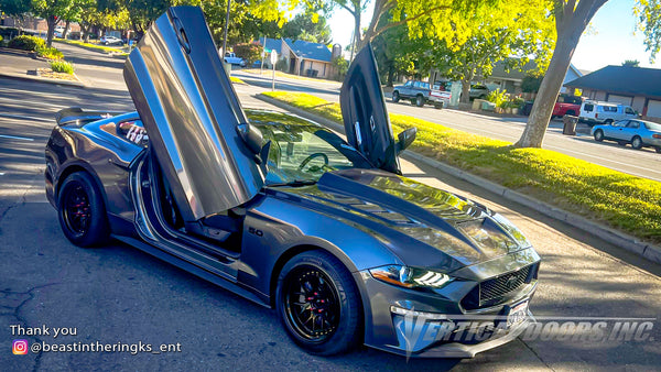 Check out @beastintheringks_ent Ford Mustang from California featuring Vertical Door conversion kit by Vertical Doors, Inc. AKA "Lambo Doors"