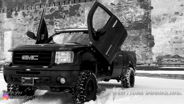 Check out Samantha's @welder_girl_72 GMC Sierra from Montana featuring Lambo Door Conversion Kit by Vertical Doors Inc.