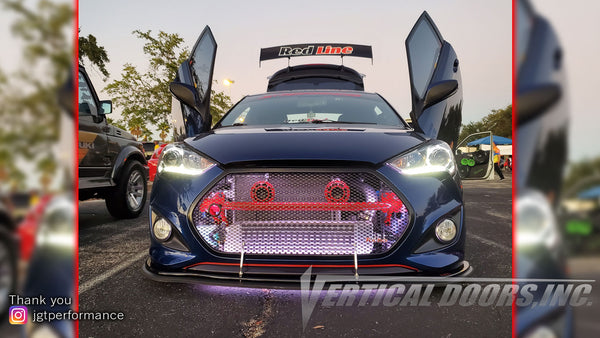 Jose's Hyundai Veloster featuring Vertical Doors, Inc., vertical lambo door conversion kit.