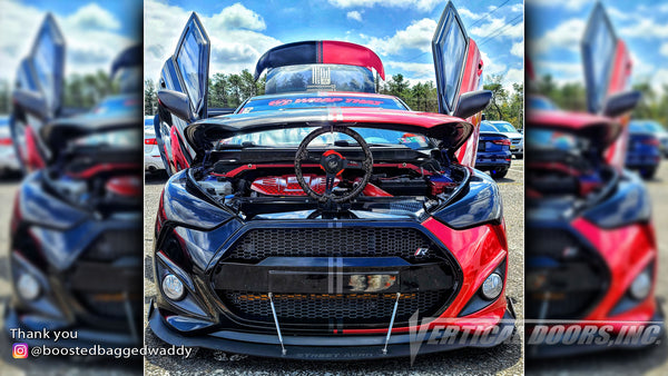 Omar's @boostedbaggedwaddy Hyundai Veloster from Pennsylvania featuring Vertical Lambo Doors Conversion Kits from Vertical Doors, Inc.