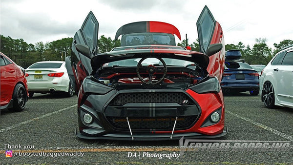 Omar's @boostedbaggedwaddy Hyundai Veloster from Pennsylvania featuring Vertical Lambo Doors Conversion Kits from Vertical Doors, Inc.