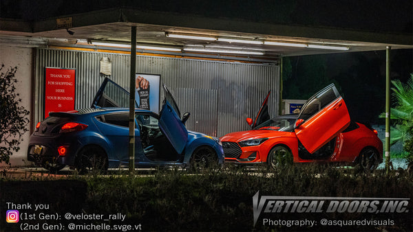 Check Two Generations of the Hyundai Veloster from California featuring Vertical Lambo Doors Conversion Kits from Vertical Doors, Inc.