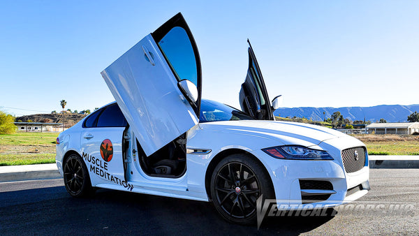 @musclemeditation Jaguar XF-TYPE from California featuring Vertical Doors, Inc., vertical lambo doors conversion kit.