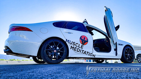 @musclemeditation Jaguar XF-TYPE from California featuring Vertical Doors, Inc., vertical lambo doors conversion kit.