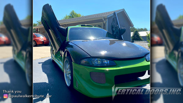 Check out Keith's @paulwalkertribute_car Mitsubishi Eclipse from Arizona featuring Vertical Lambo Doors Conversion Kit from Vertical Doors, Inc.