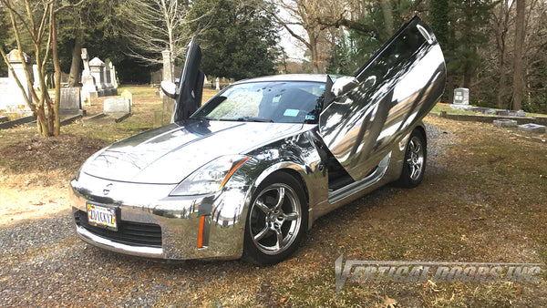 Check out Dicky's 2004 Nissan 350Z from Smithfield Virginia featuring Avery Chrome Wrap and Verical Doors, Inc. vertical doors conversion kit.