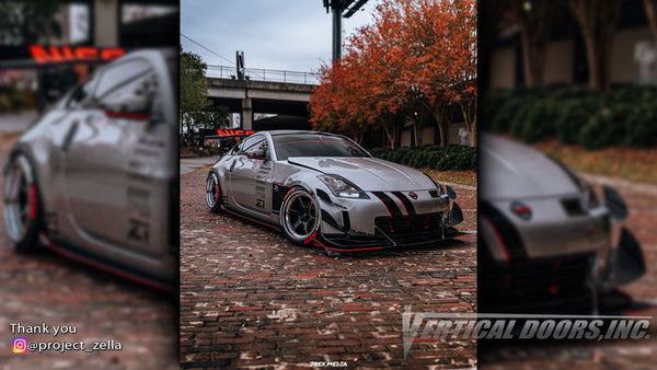 Check out Chris's @project_zella Nissan 350Z from Georgia featuring Vertical Doors, Inc. vertical lambo doors conversion kit.