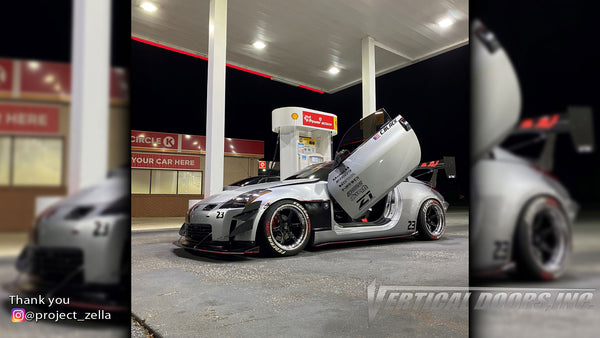 Check out Chris's @project_zella Nissan 350Z from Georgia featuring Vertical Doors, Inc. vertical lambo doors conversion kit.