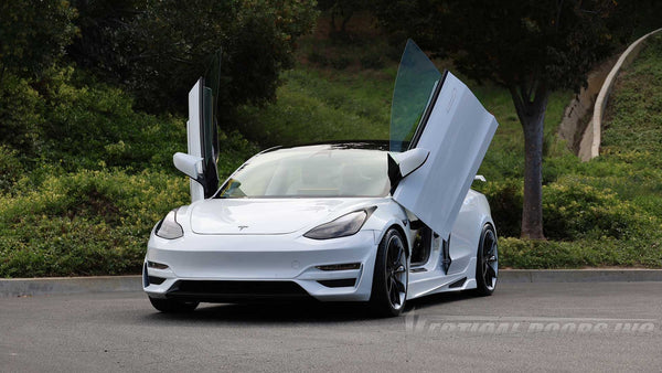 @teslachew showing off his Tesla Model 3 with a Lambo Door kit by Vertical Doors, Inc.