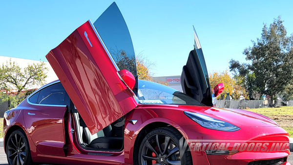 Tesla Model 3 from California featuring Vertical Doors, Inc., vertical lambo doors conversion kit.