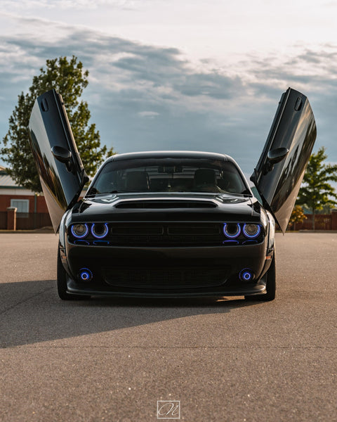 Check out Amber's @wicked.medusa Dodge Challenger from Alabama featuring Vertical Doors, Inc., Vertical Lambo Doors Conversion Kits.