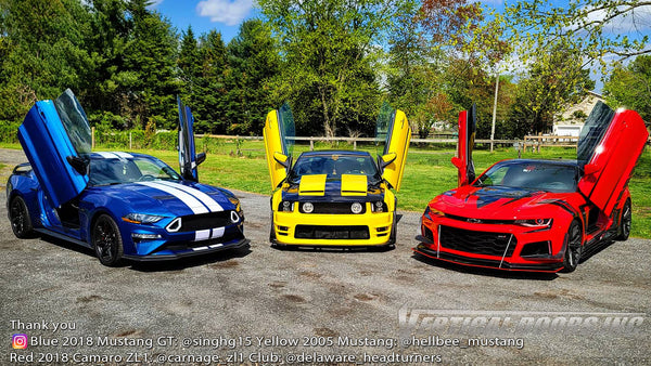 Check out Delaware headturners @delaware_headturners members Ford Mustang's and Chevy Camaro featuring Vertical Lambo Doors Conversion Kit from Vertical Doors, Inc.