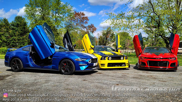 Check out Delaware headturners @delaware_headturners members Ford Mustang's and Chevy Camaro featuring Vertical Lambo Doors Conversion Kit from Vertical Doors, Inc.