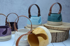 YarnShop. Yarn Bowls, handmade with unique leather handles
