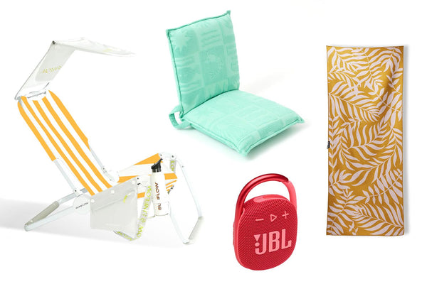 a visual list of easy to pack beach items like the SUNFLOW beach bundle, an insulated backpack, a small towel, and JBL speakers.