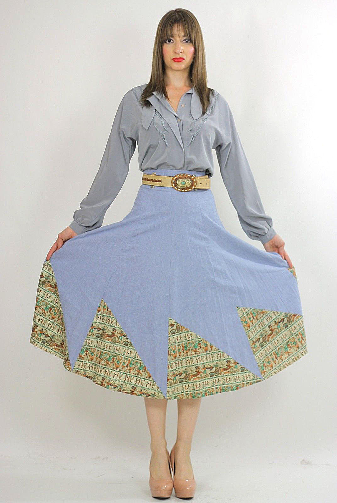 Vintage 70s Boho blue chambray patchwork maxi skirt