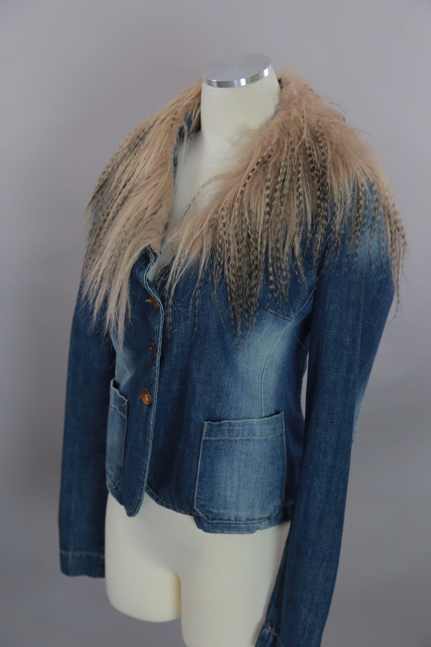 Vintage 80s boho hippie blue denim jacket with long fur trim collar M