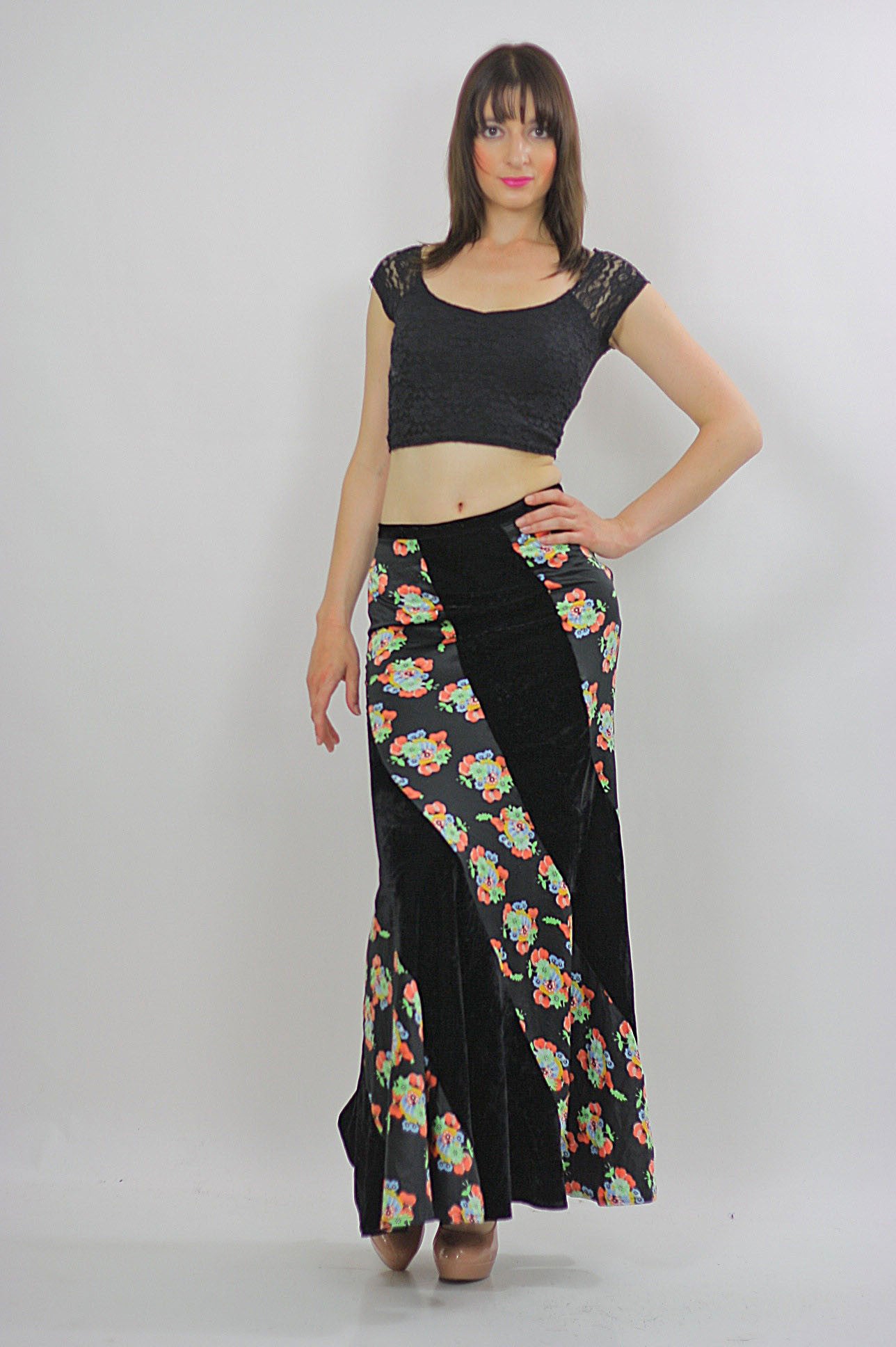 Genuine vintage 90s 1990s grunge boho patchwork velvet maxi skirt ...