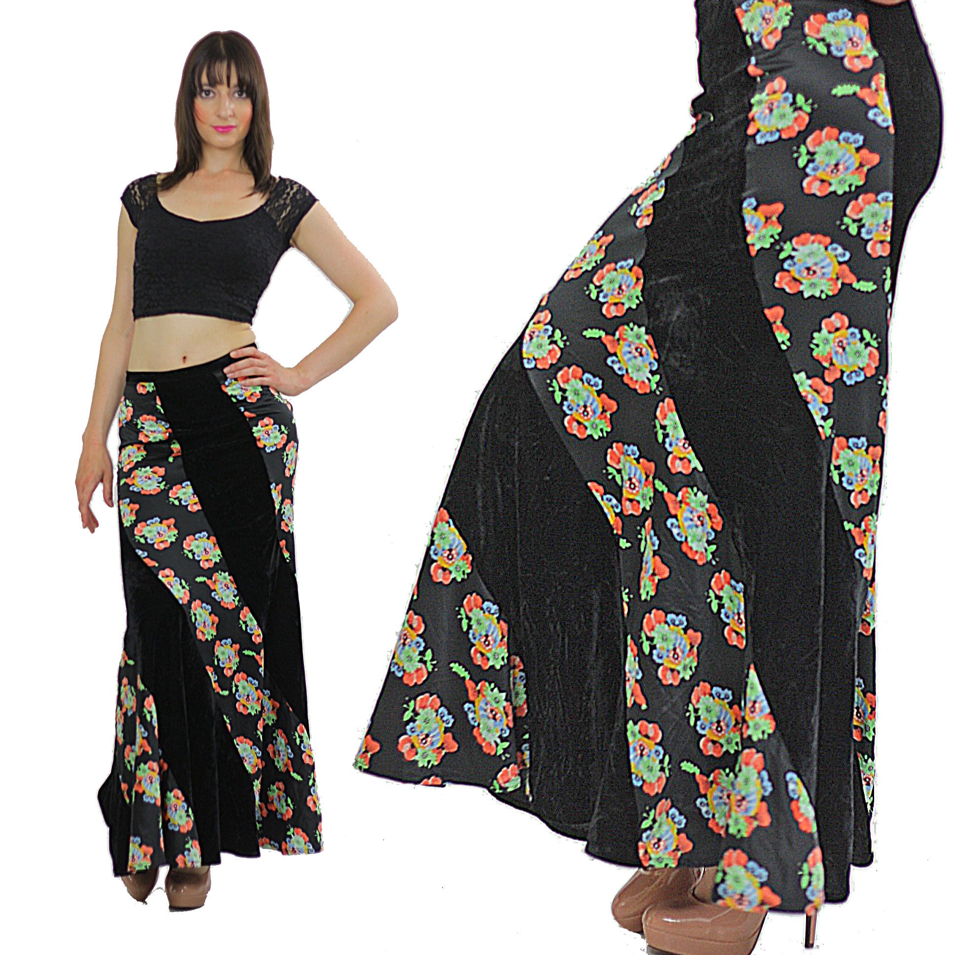 Vintage 1990s Grunge Boho Patchwork velvet maxi skirt