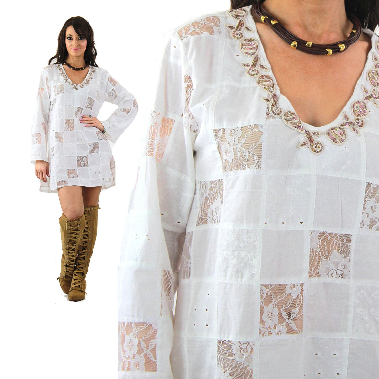 White lace patchwork angel sleeve beach cover tunic top dress