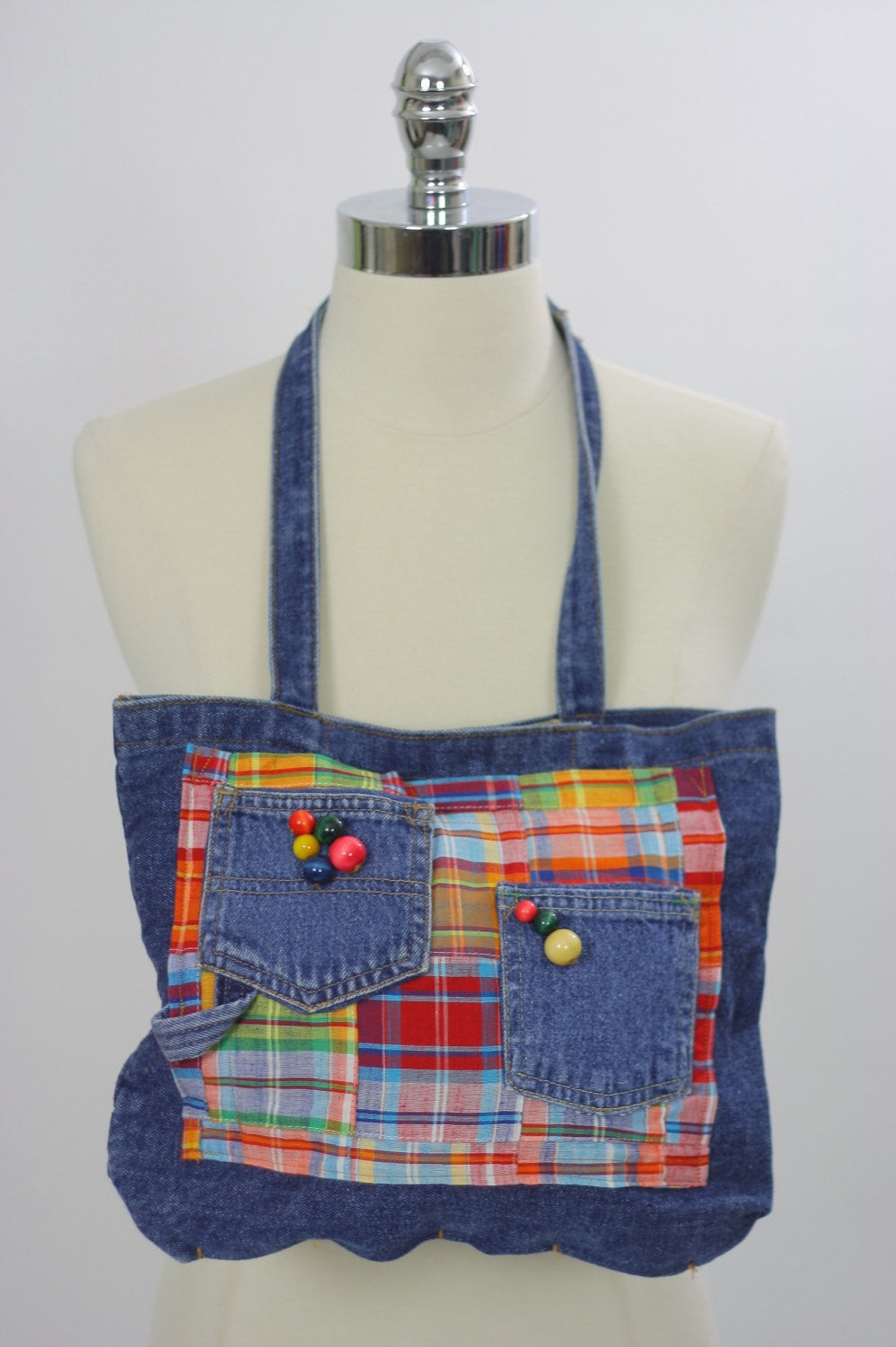 Vintage Denim bag Hippie Boho jeans purse blue festival handbag madras plaid - shabbybabe