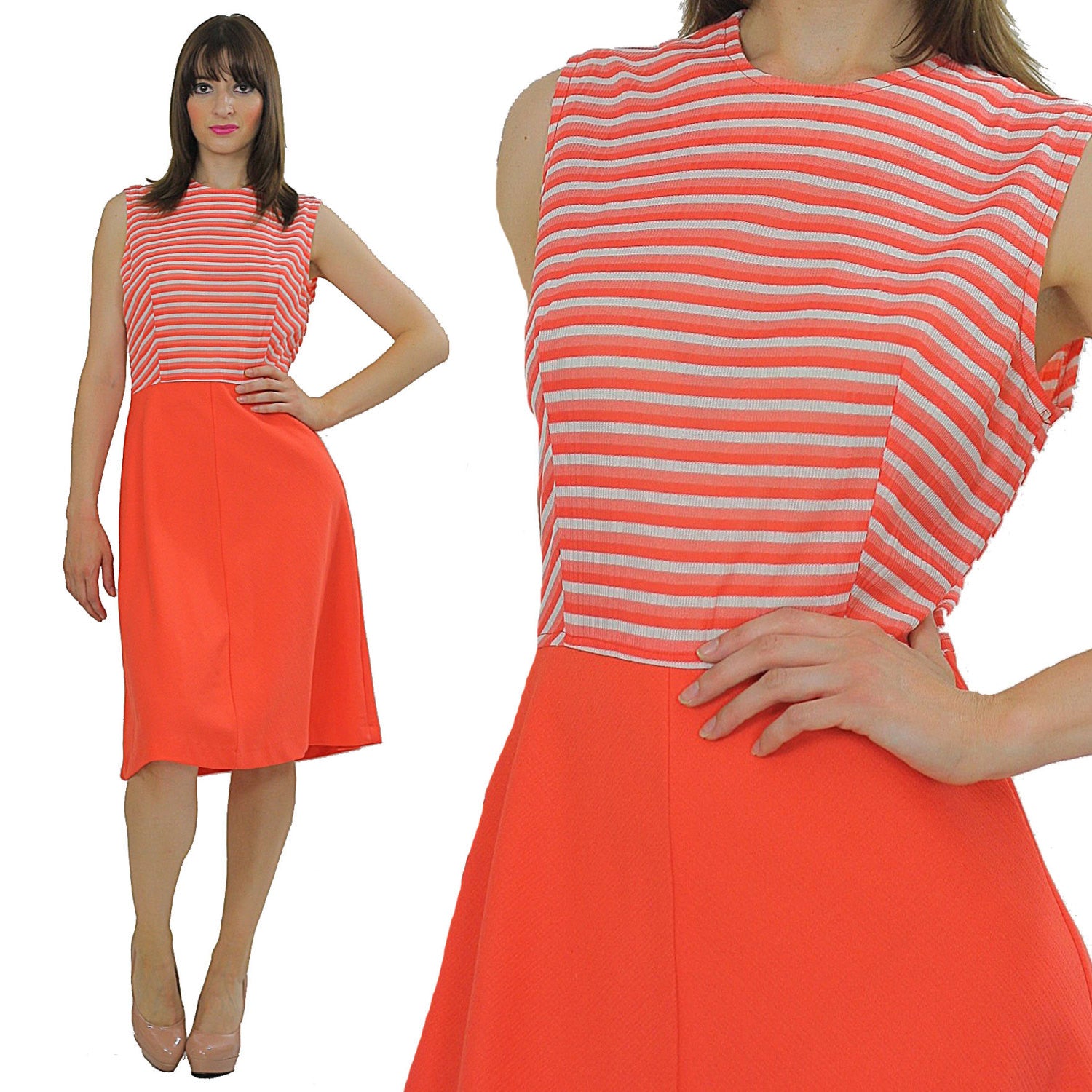 Genuine true vintage 60s neon orange mod striped dress - shabbybabe