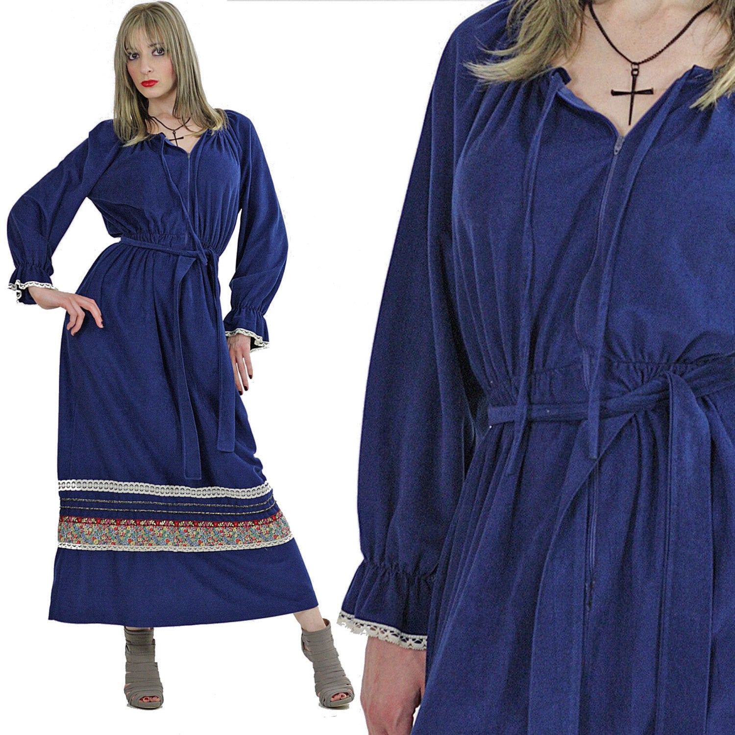 Velour caftan 70s hippie boho maxi dress Navy blue border design loung