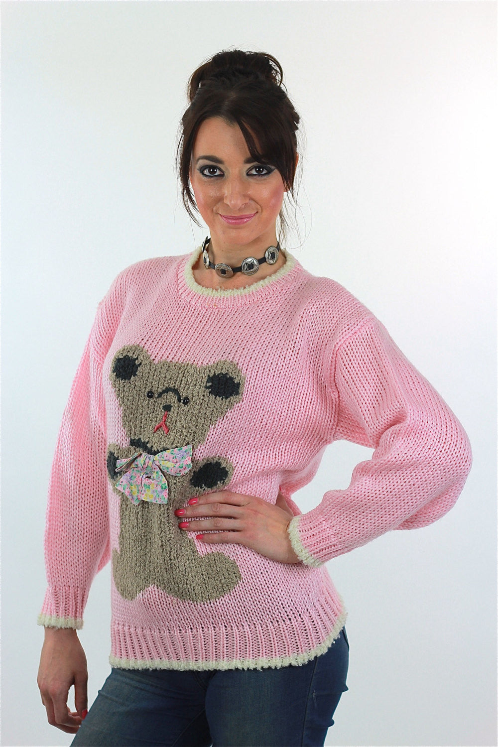 Hand knit pink Teddy Bear sweater shabbybabe