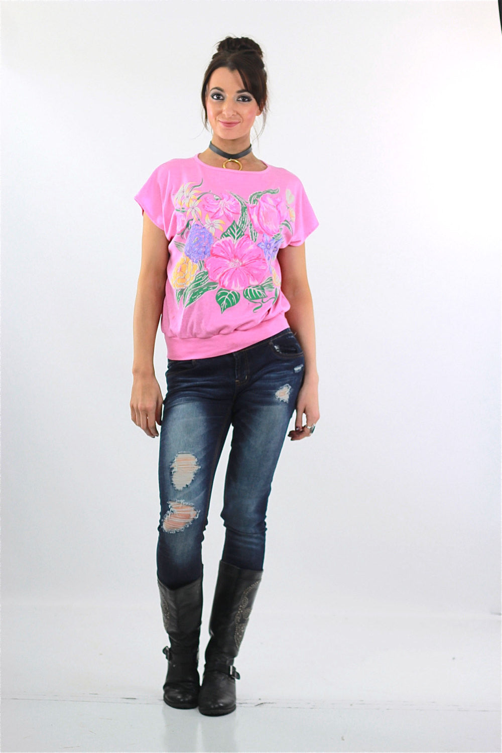 Floral Tee shirt Floral Grunge Tshirt Pink slouchy short sleeve 1980s Vintage Retro Large