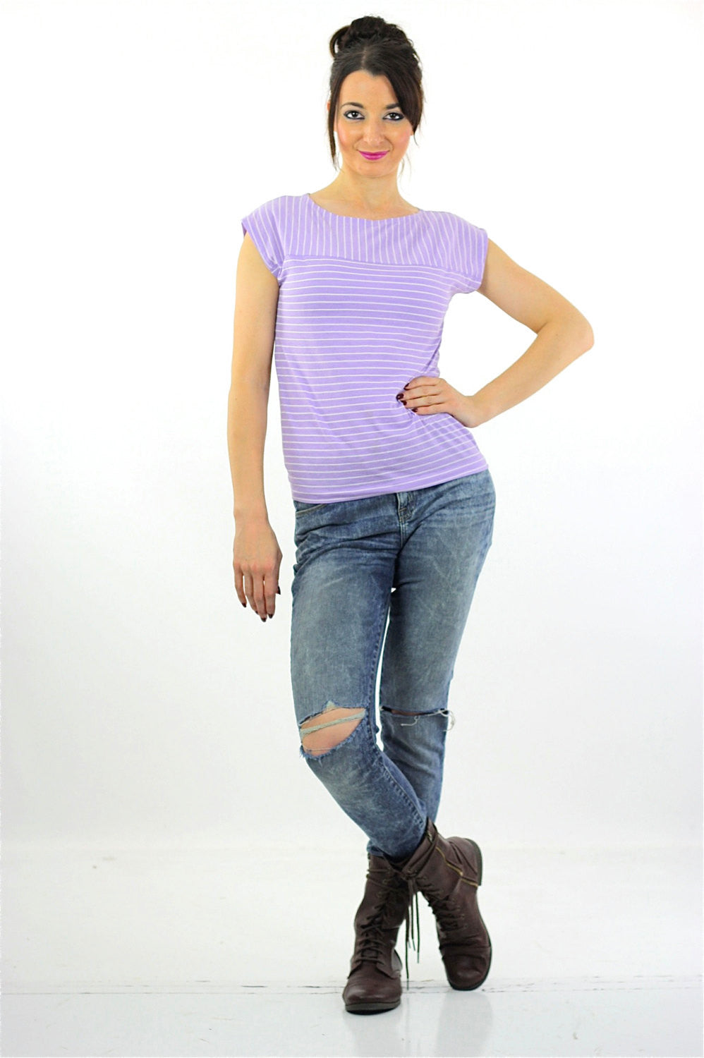 Striped Tee shirt short sleeve Vintage 80s purple white pastel M