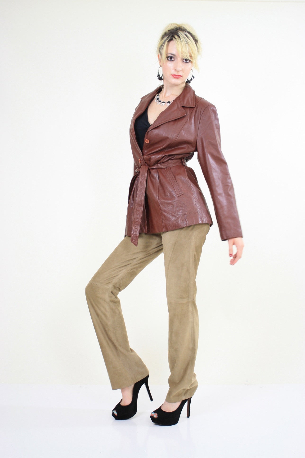 Vintage 70s Brown Leather belted jacket blazer - shabbybabe