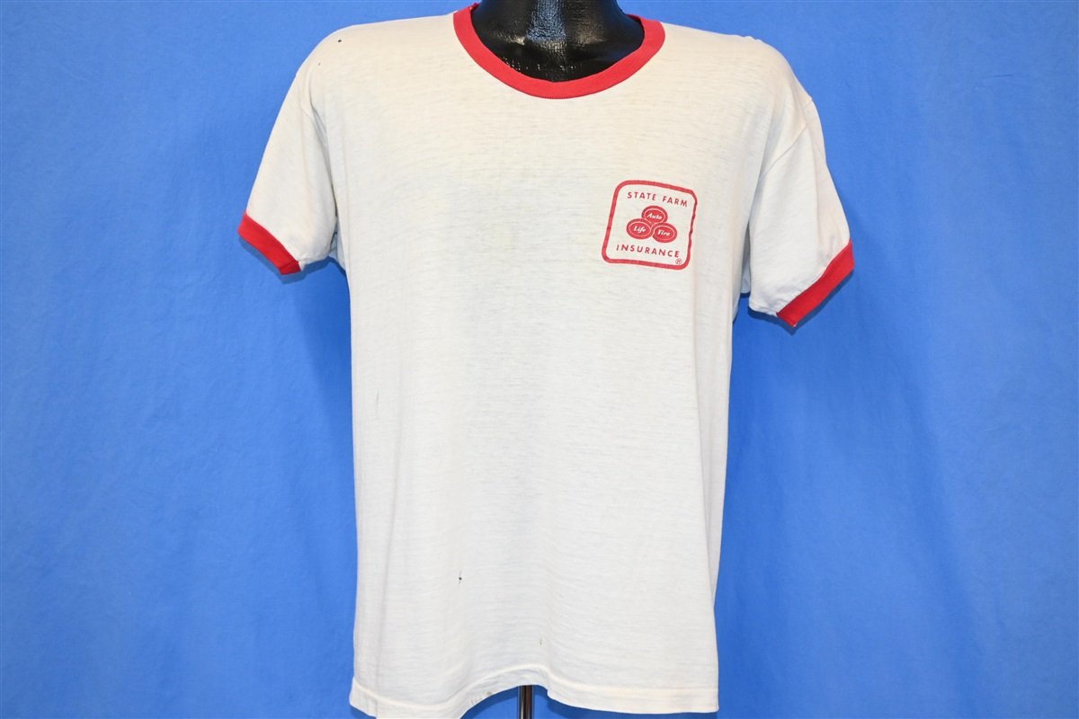 70s State Farm Ringer Champion Blue Bar Distressed t-shirt Large