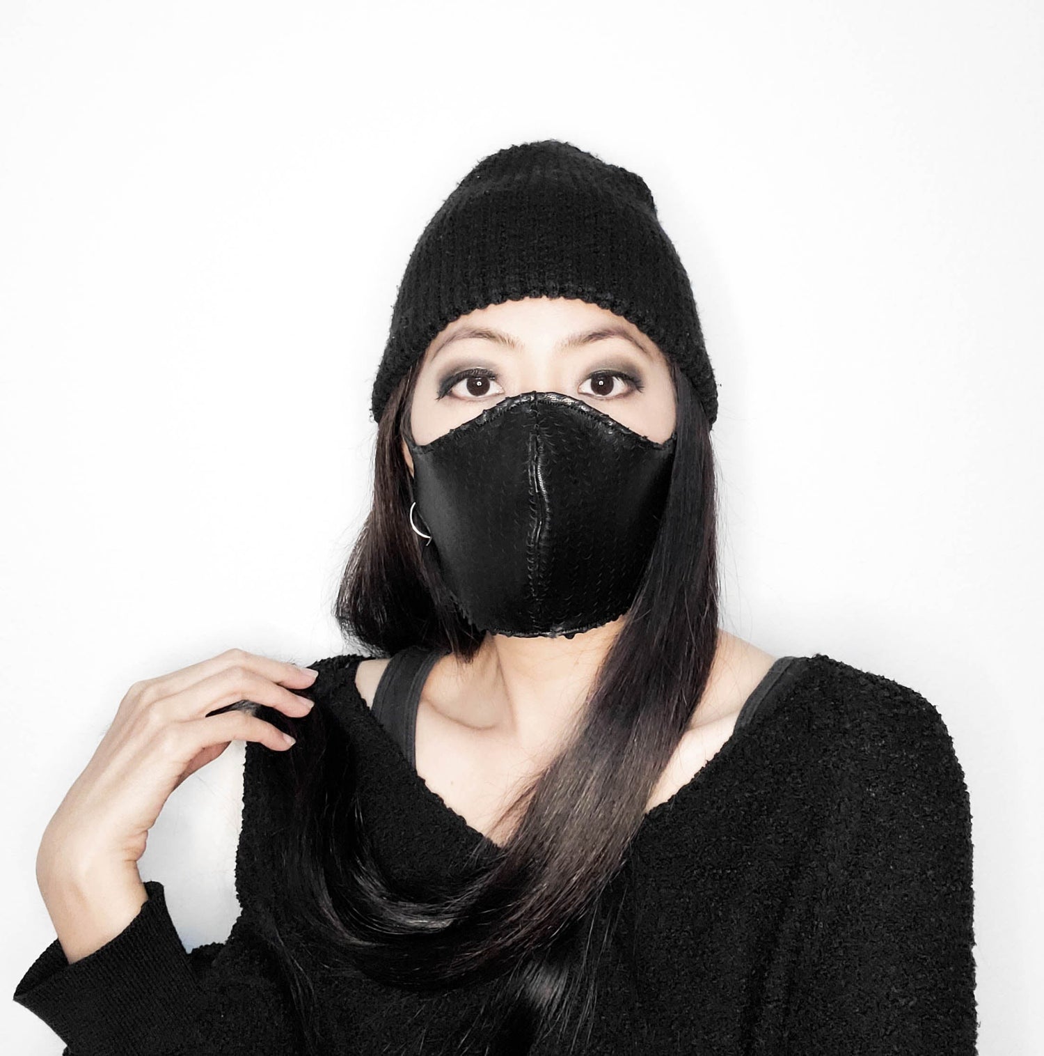 Black Lasercut Faux Leather 3D Face Mask Adjustable Elastic - Sumie Tachibana