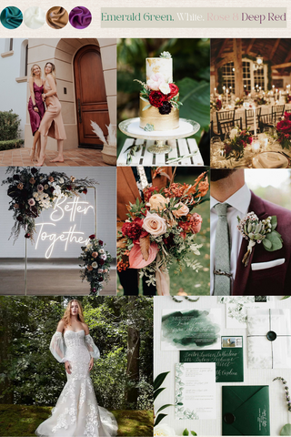 fall wedding color palette emerald green, white, rose and deep red 