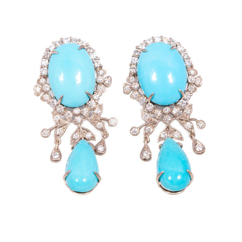Turquoise and Diamond Chandelier Earrings in 18ct white gold | Antique ...