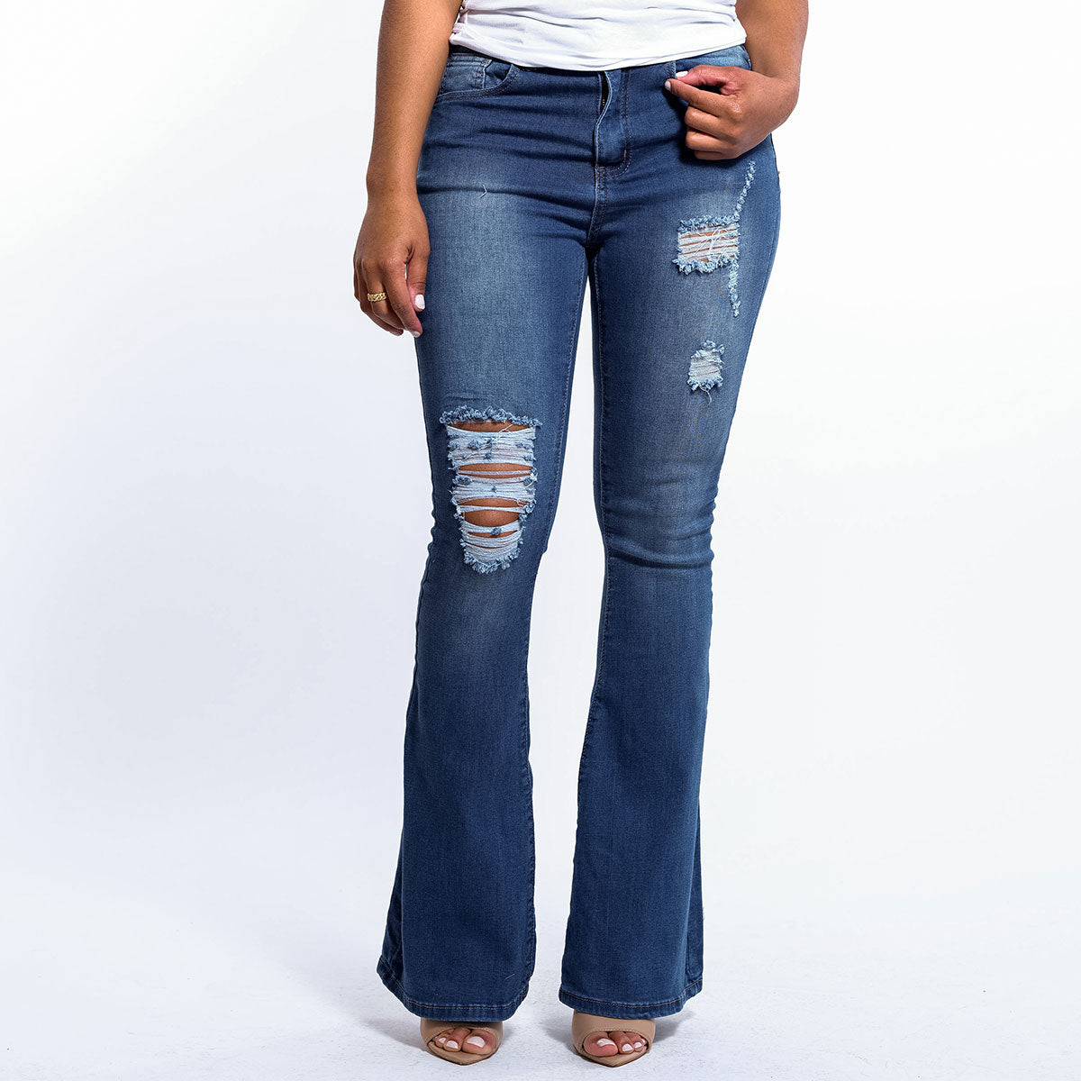 Miss YCMC Hi-Waist Distressed Flare Denim Jeans