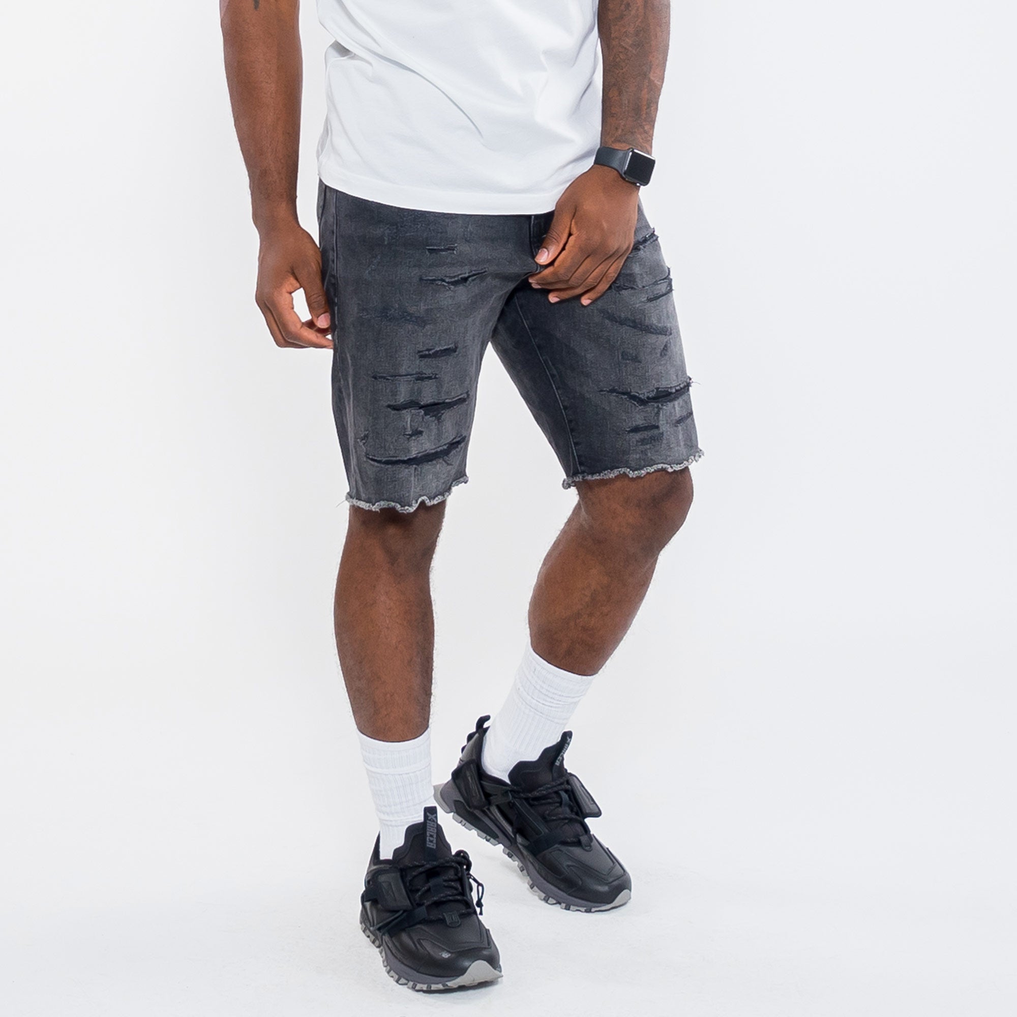 Jordan Craig Stretch Rip and Repair Black Denim Jean Shorts