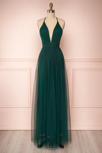 Halle Maxi Dress With Velvet Flower Detail - Dark Green - Adorn