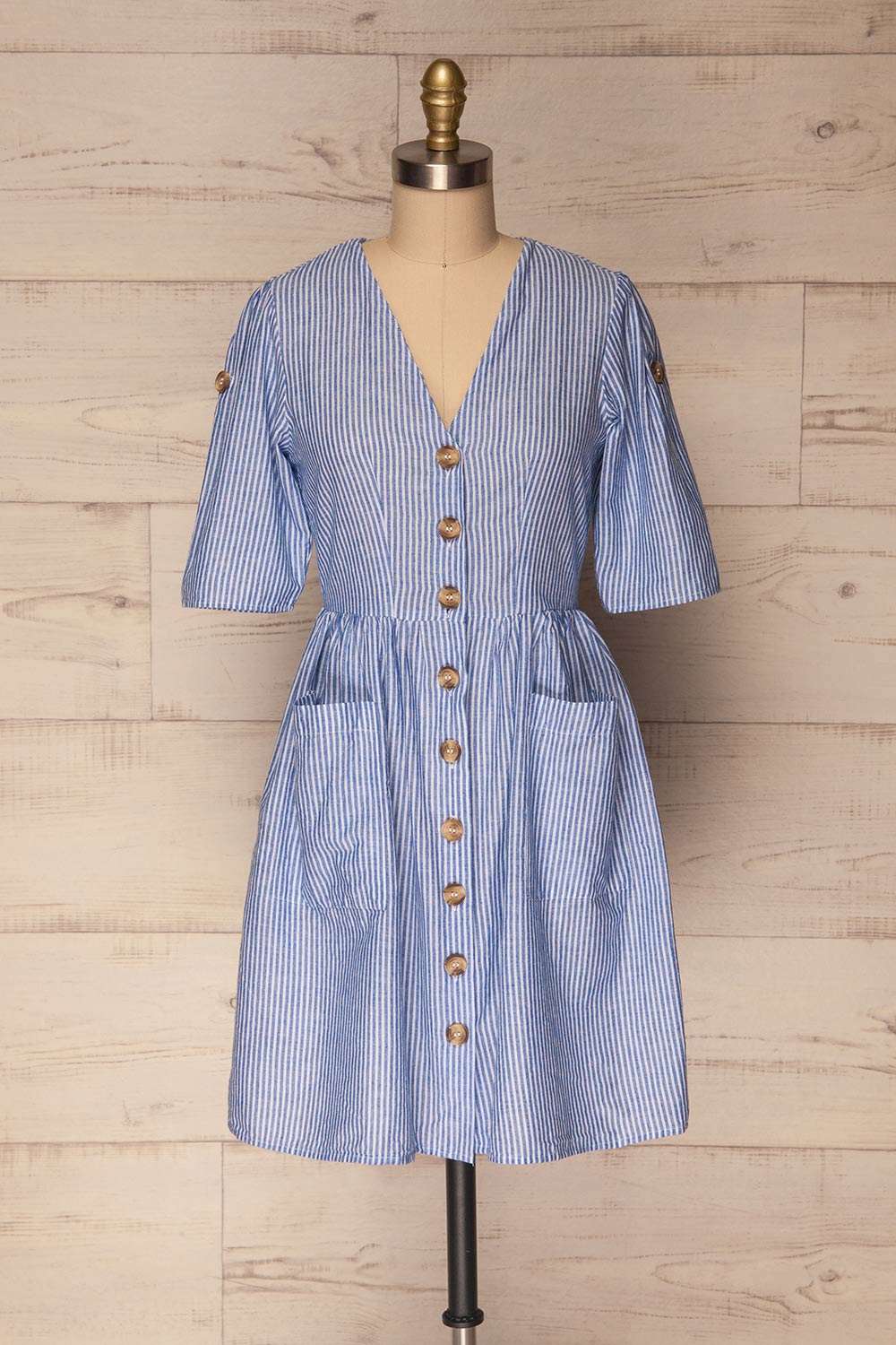 Augustow Blue & White Buttoned A-Line Dress | La Petite Garçonne