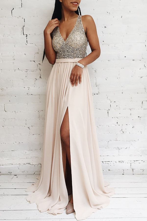 Eridani Champagne A-Line Gown w/ Crystals | Boutique 1861