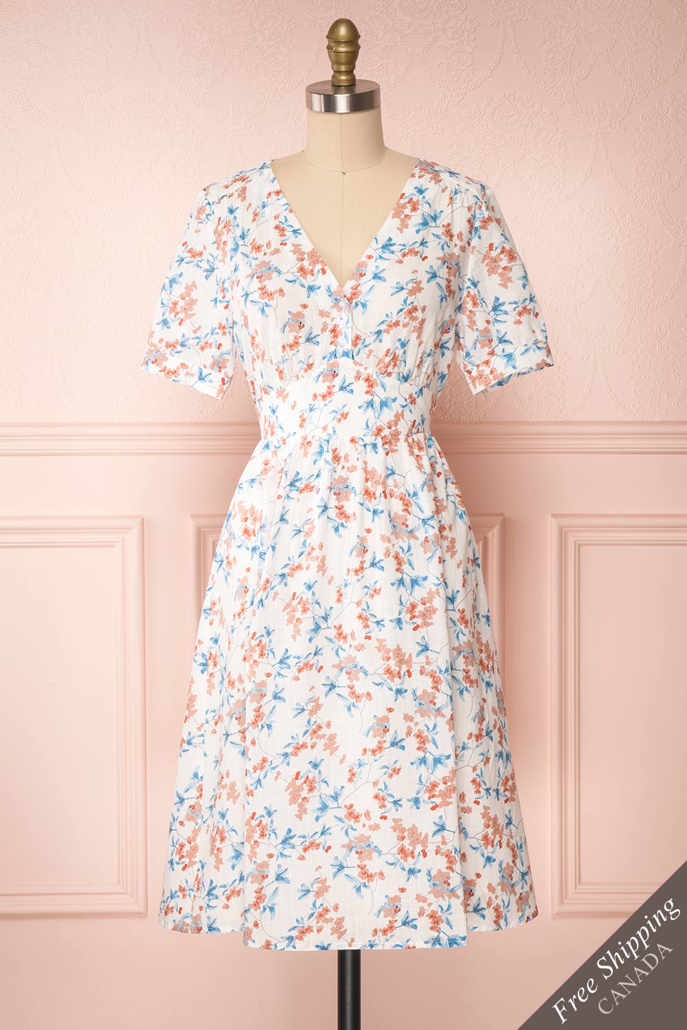 Frieda White Floral Short Sleeve Midi 