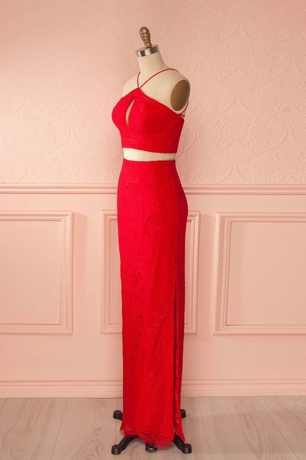 Jerika Red - Lace crop top and maxi fitted skirt
