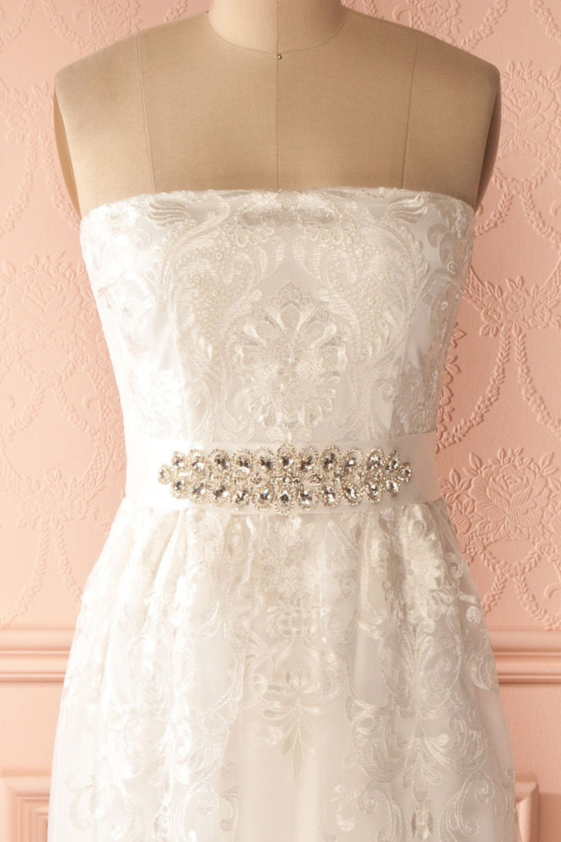 Ludowica - White lace crystal belt bustier gown