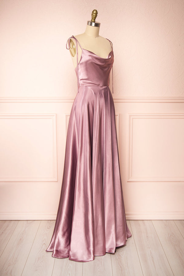 Moira Mauve Cowl Neck Satin Maxi Dress w/ High Slit | Boutique 1861