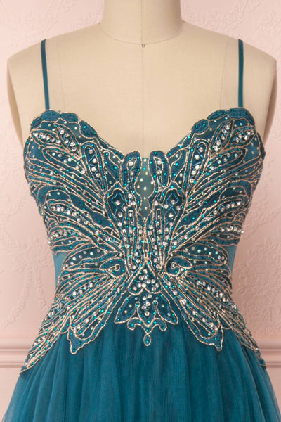 Orria Teal A-Line Tulle Gown with Embroidery | Boutique 1861