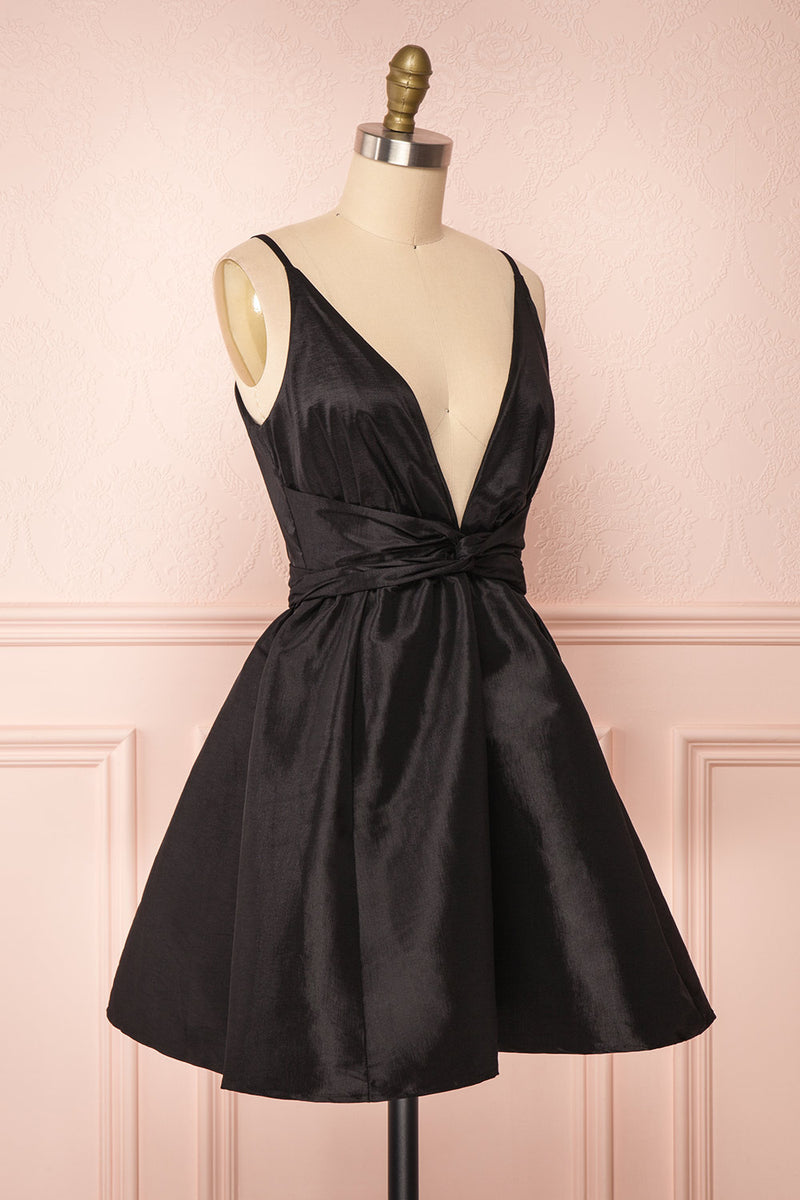 Yelena Black Plunging Neckline Short Dress | Boutique 1861